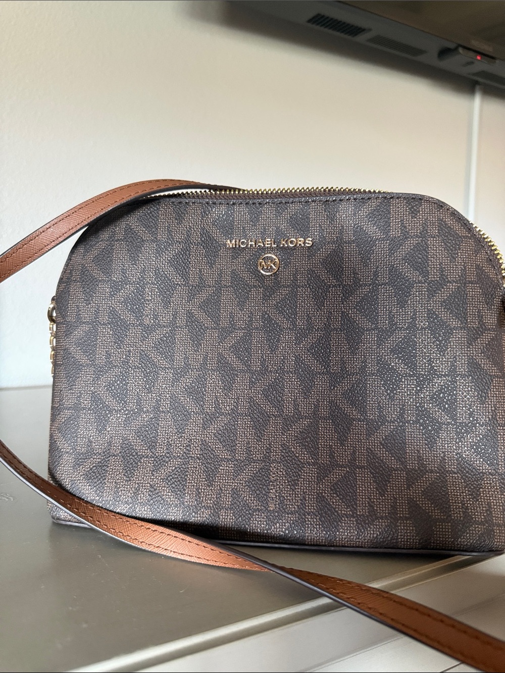 Michael Kors Brown MK Logo Crossbody with Gold Accent